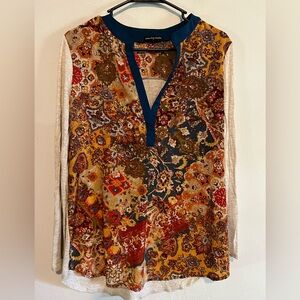 3/$20 Cha Cha Vente Mixed Material Colorful V-Neck Roll Tab Blouse LP Petite